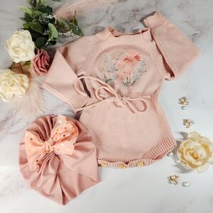 Blush Pink Baby Romper with Floral Embroidery and Matching Hat, Size 6-9 Months